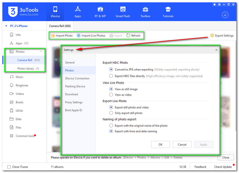 3uTools Info Photos And Export Settings