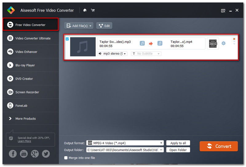 Aiseesoft Free Video MP3 To MP4 Converter